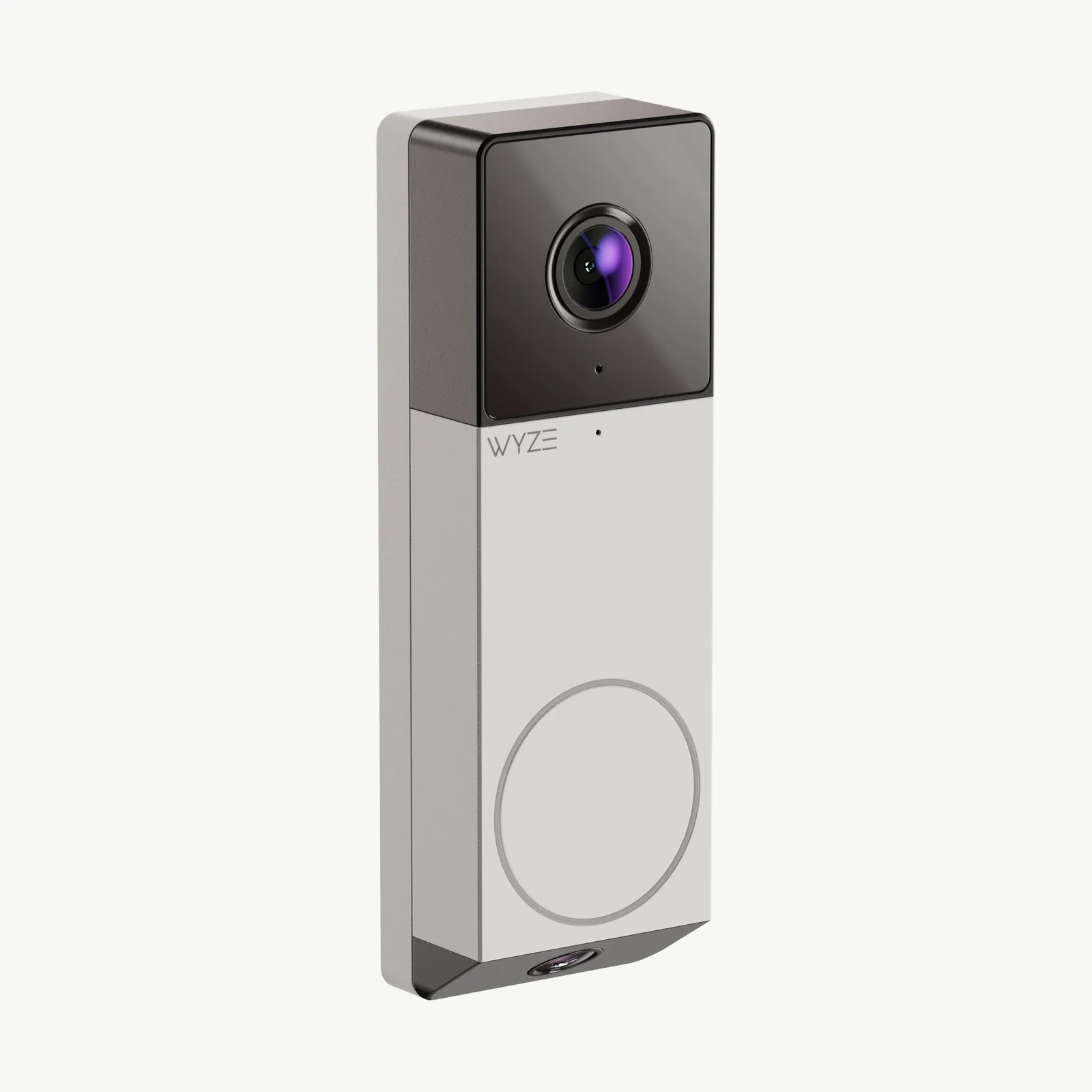 Three-quarter render of the refined doorbell in silver: glossy camera block, matte body, ring button, angled chin