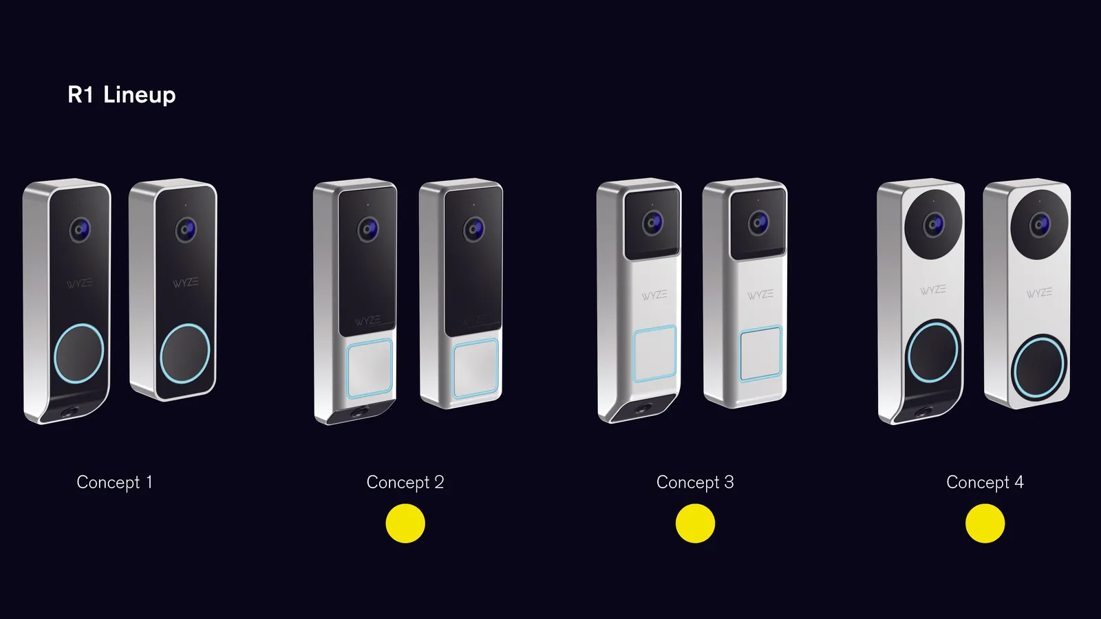 Round 1 lineup: four white doorbell concepts in WYZE's existing brand language, three marked with yellow dots by the client