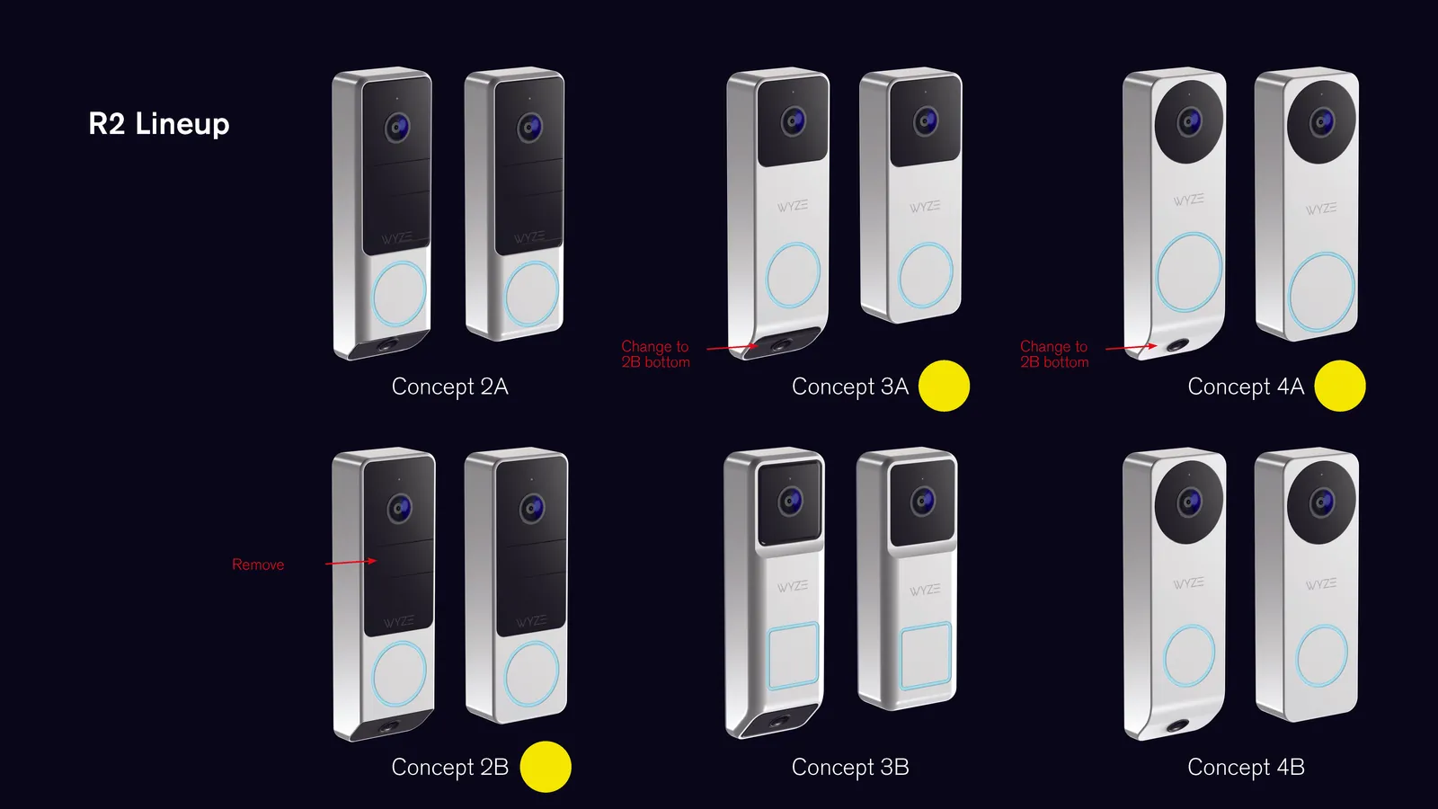 Round 2 lineup: six variations on the three picked concepts, with the client's change notes